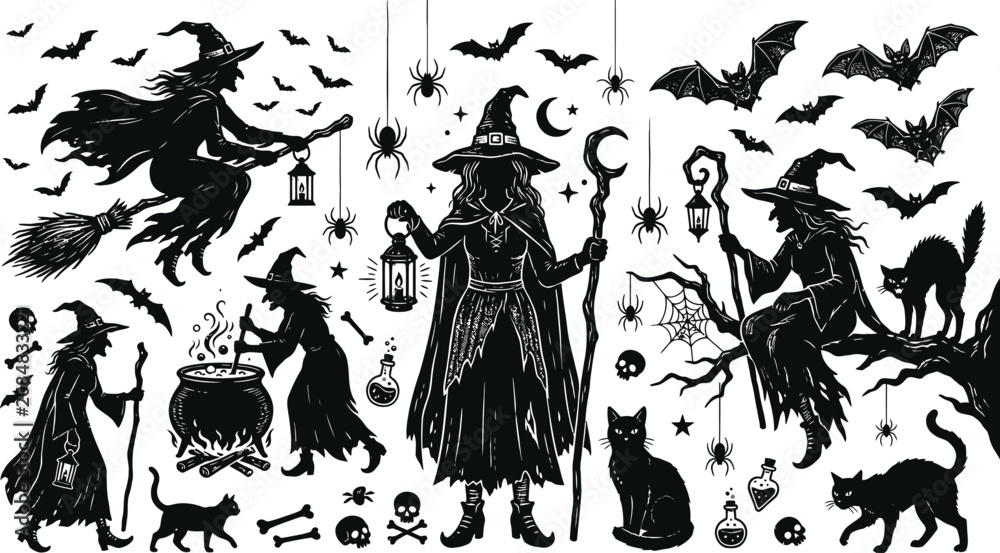 Fototapeta premium Halloween day silhouette illustrations witches bats cats and spooky symbols
