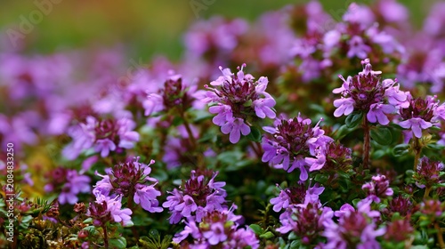 Creeping Thyme Flowers in Garden - Soft Colors Botanical Background