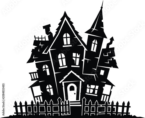 Spooky halloween haunted house with fence on a dark night
