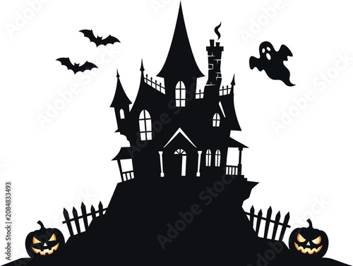 Spooky halloween day silhouette haunted house ghost bats and jack o' lanterns