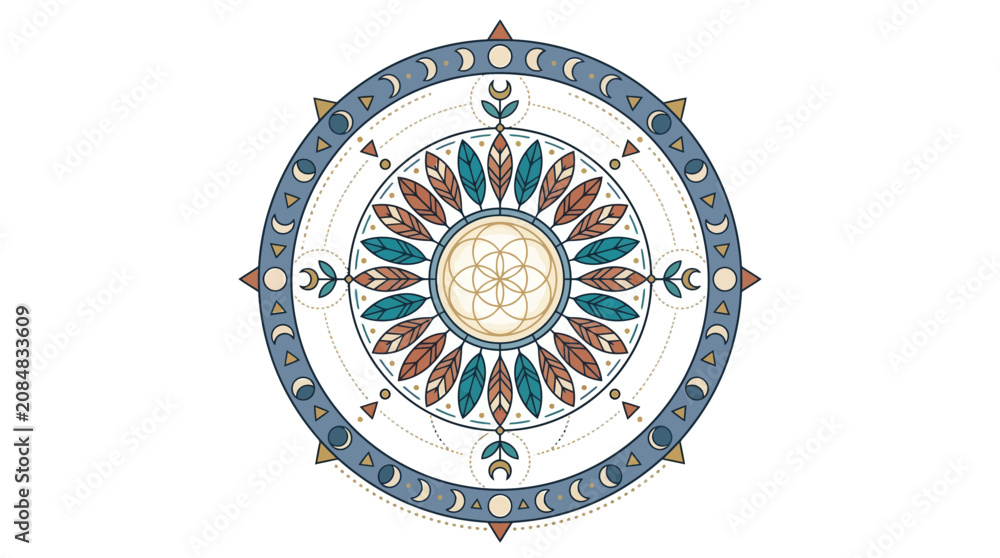 Fototapeta premium Geometric celestial mandala with moon phases and sun rays.