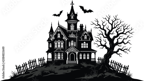 Spooky halloween haunted house on a hill with bats and bare tree