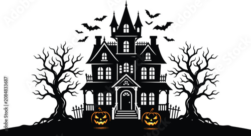Halloween haunted house with spooky trees and jack o lanterns on a dark night