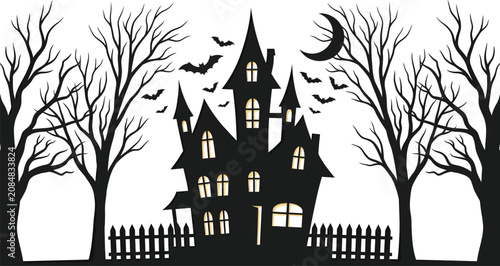 Spooky halloween day silhouette haunted house with bats and bare trees