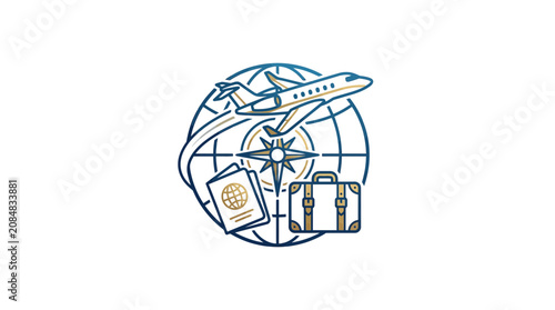 Global travel tourism icons with airplane and globe.