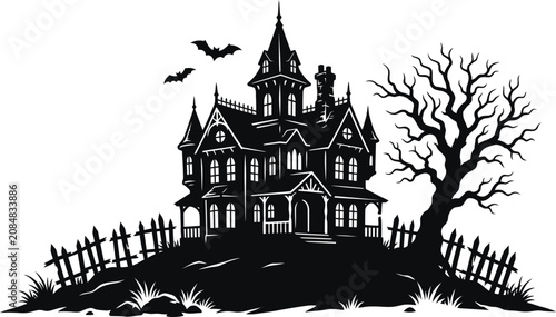 Spooky halloween haunted house with bats and tree on hill