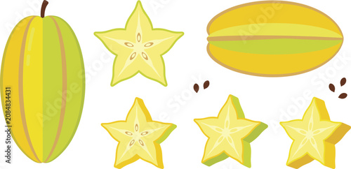 Foto Fresh star fruit carambola vector illustration set with whole yellow fruits star