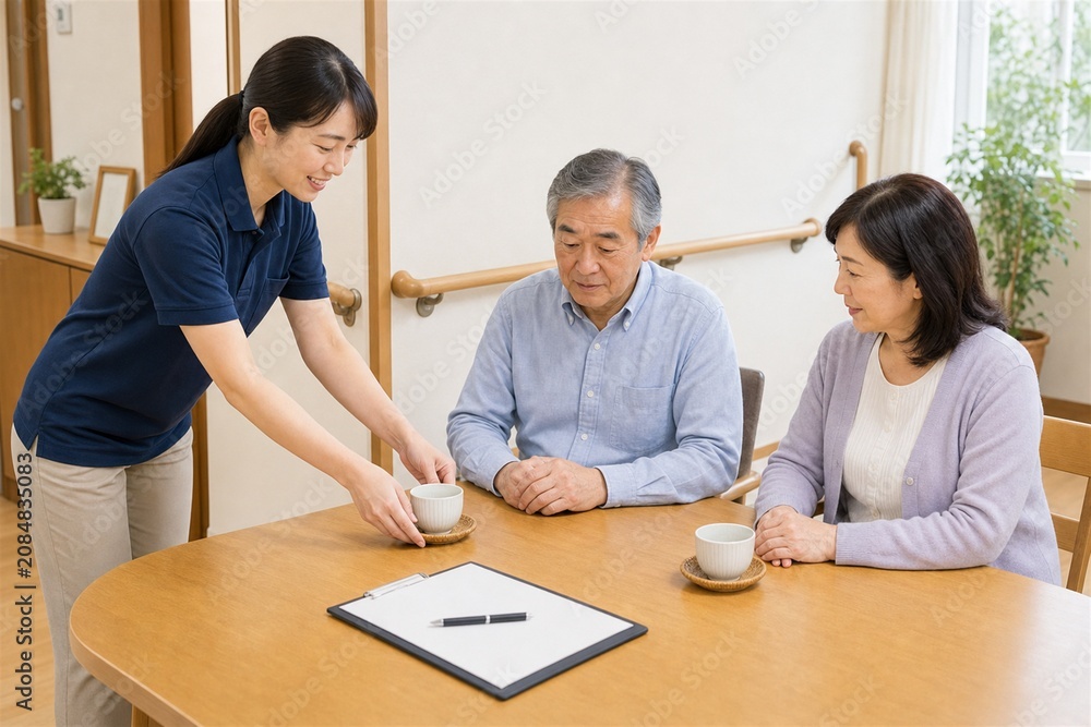 Fototapeta premium 手すりのある部屋でお茶を出す介護支援
