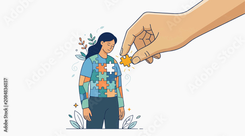 Hand placing last puzzle piece into a person's chest symbolizing completion and wholeness