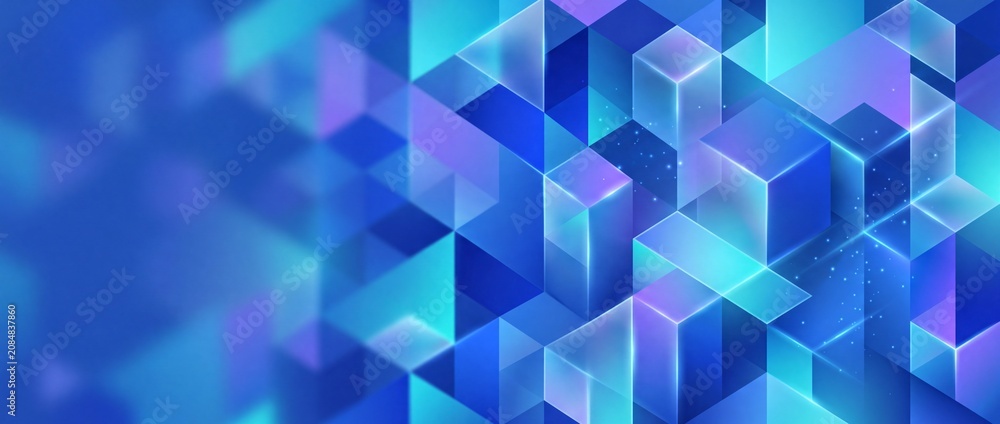 Fototapeta premium Abstract blue geometric background featuring glowing cubes and transparent glass triangles, designed as a modern tech banner for digital presentation slides and corporate website headers