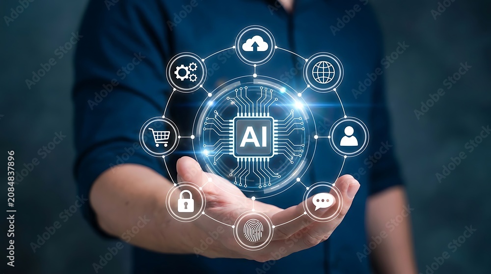 Fototapeta premium Business professional holding a glowing digital interface representing artificial intelligence technology and modern data management solutions