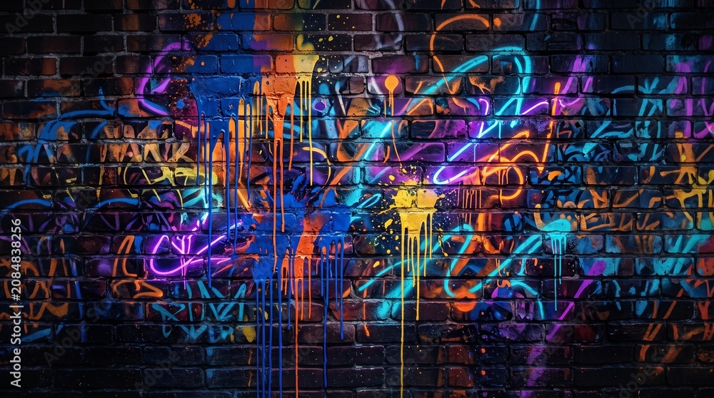 Fototapeta premium Vibrant neon graffiti paint drips on dark brick wall background