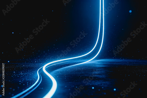 A glowing neon light trail curves through a dark, star-dotted cosmic-like space, creating a futuristic sci-fi visual.