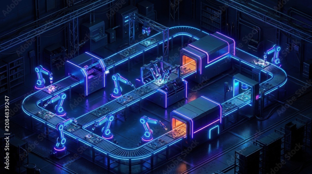 Fototapeta premium Automated production line with robotic arms in high-tech factory. Industrial manufacturing of electronic circuit boards with neon lighting. Digital smart industry and innovation concept.