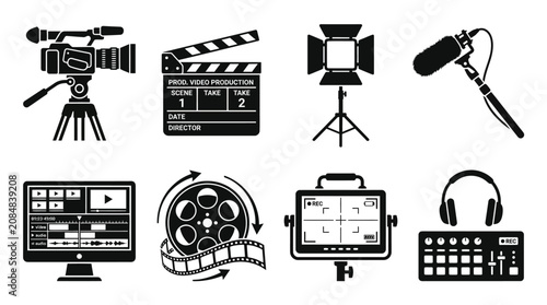 Professional video production icons set, cinema equipment and filmmaking tools, 8 black vector symbols for movie industry and media editing