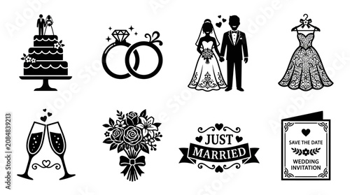 Wedding icon set with black silhouettes, elegant marriage ceremony symbols and bridal elements, 8 vector icons for save the date cards