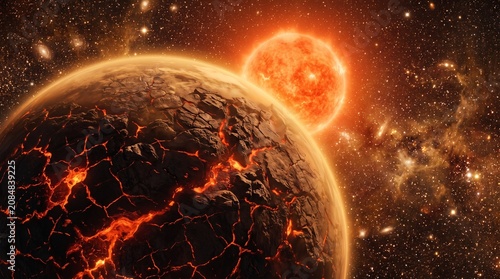 Cinematic View of a Cracked Volcanic Planet with Glowing Lava Veins Orbiting a Burning Sun in Deep Space Nebula
