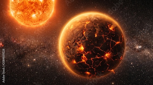 Cinematic 3D Illustration of a Molten Exoplanet with Glowing Lava Cracks Orbiting a Burning Sun in Deep Space