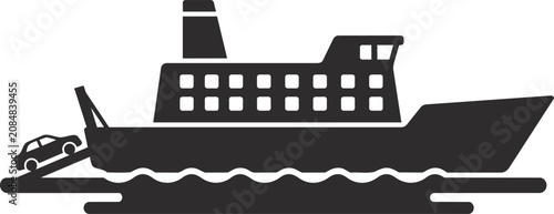 Minimal car ferry ship icon representing vehicle transportation, maritime travel, passenger ferries, ports, and water transport for travel and logistics projects