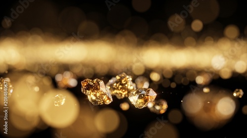 Abstract Golden Particles and Glowing Crystals with Luxury Bokeh Lights Isolated on Solid Background