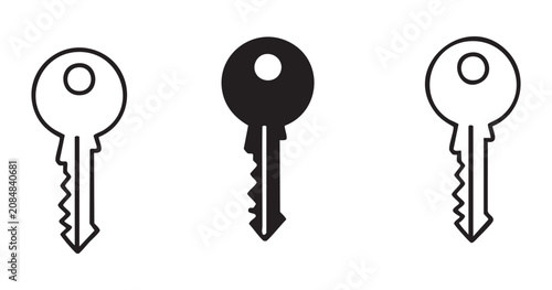 Fotografie Collection of three standard house key icons in flat black and outlined styles for web interface