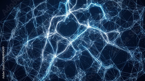 Abstract Digital Neural Network with Glowing Blue Connections and Data Plexus on Dark Background