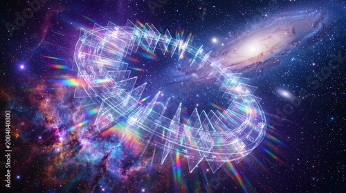 Futuristic Crystal Space Station Ring Floating in Deep Space Nebula with Glowing Rainbow Light Refractions and Galaxy Background