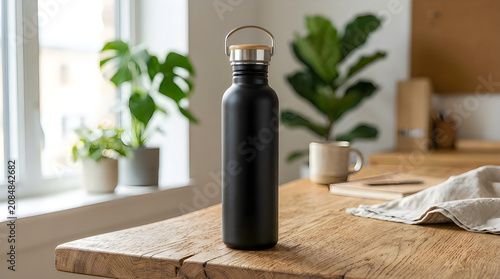 Black stainless steel water bottle on wooden surface