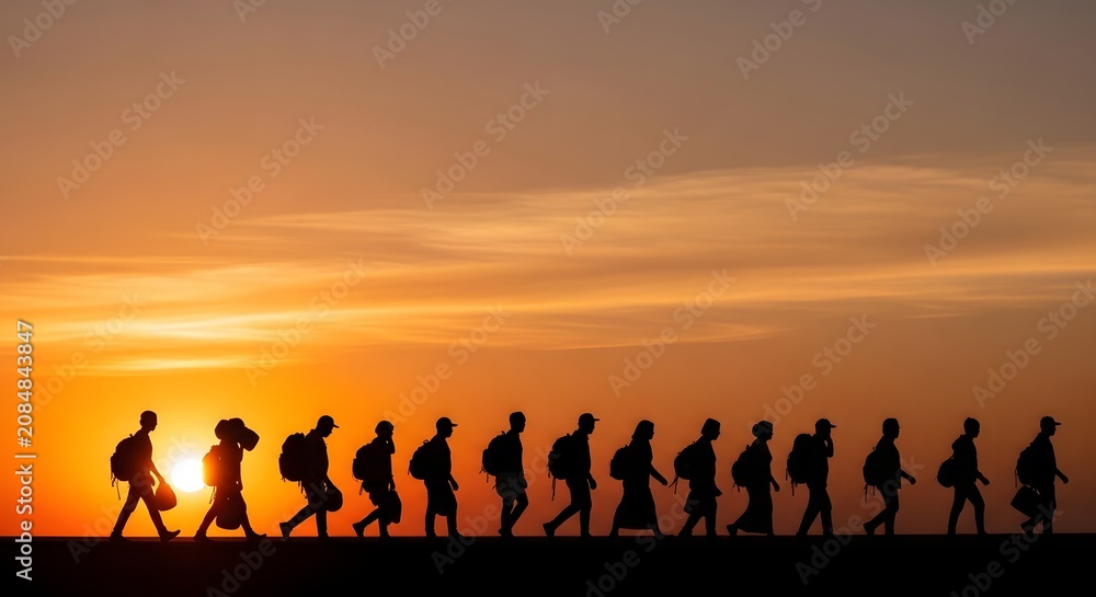 Fototapeta premium Silhouette of people walking in line with backpacks against vibrant orange sunset sky representing migration journey or pilgrimage concept.