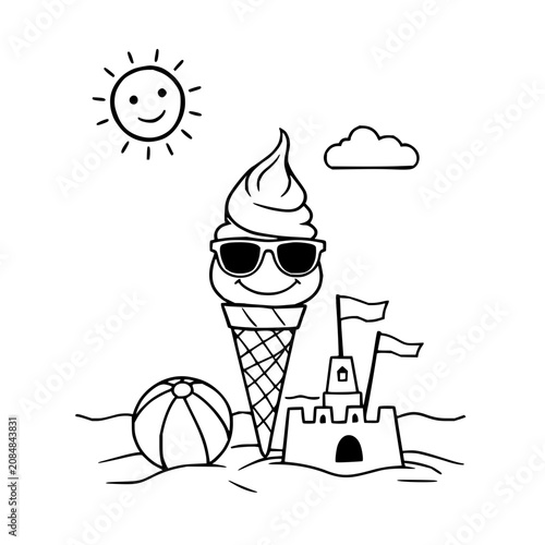 Whimsical beach scene featuring a smiling ice cream cone with sunglasses, a beach ball, and a sandcastle with flags, all set against a simple, wavy ocean backdrop with a smiling sun and a single cl...