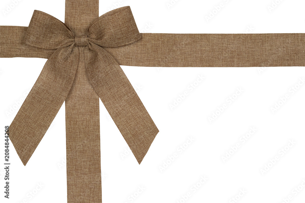 Fototapeta premium Natural Linen Gift Ribbon with Bow Isolated on White Background, Rustic Gift Wrapping Border with Copy Space