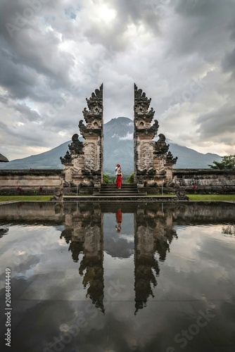 Traditional Balinese Gate of Heaven with Mount Agung Reflection in Bali Indonesia