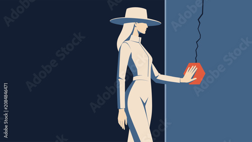 Fotografie Elegant minimalist vector illustration of an ethical white hat hacker as penetration tester sealing a hairline crack in a monumental dark system wall