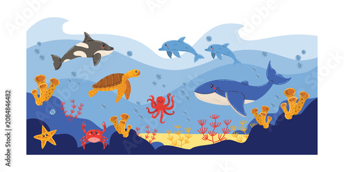 Photography Swimming marine animals in the deep blue ocean with coral reef background