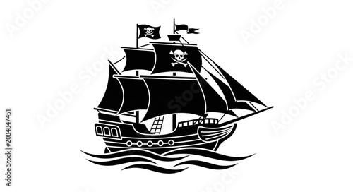 Photos Stylized Pirate Ship Sailing on Waves with Jolly Roger Flag.