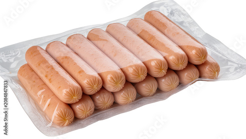 Foto Isolated vacuum sealed pack of uncooked fresh raw meat sausages, delicious food