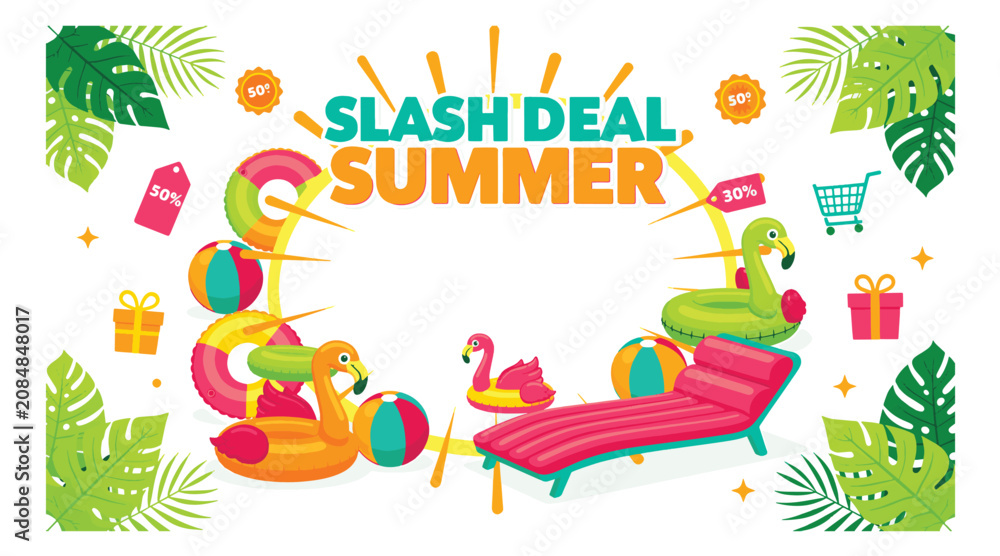 Naklejka premium Exciting summer sale announcement with vibrant beach inflatable toys, tropical leaves, and shopping elements
