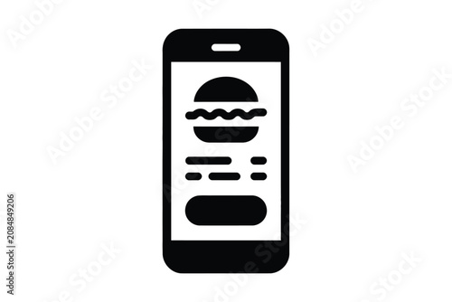 Minimalist Black And White Smartphone Icon Showing A Fast Food Burger Ordering Interface For Mobile Food Delivery Applications Featuring Simple Vector Graphic Shapes On A Clean And Plain White Backgro