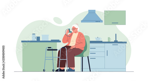 Elderly woman in kitchen with walker drinking coffee, illustration