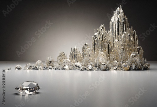 Crystal Mineral Cluster With Silver Droplets On Clean Studio Surface
