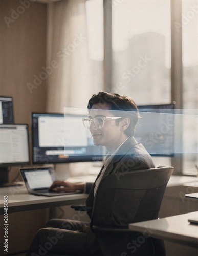 Office Worker Behind Glass With Digital Light Reflection In Modern Workplace