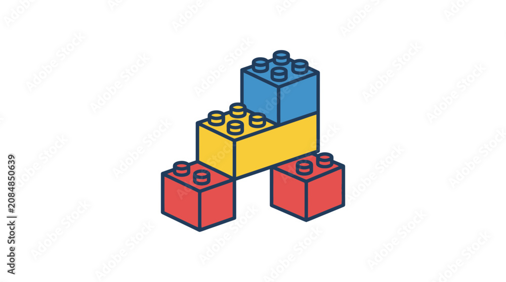Fototapeta premium Colorful plastic toy building blocks stacked in isometric view.