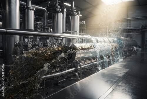 Industrial Water Filtration Pipes With Flowing Water And Sunlight