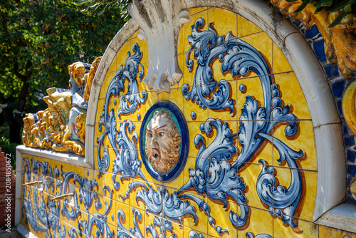 Detail of colorful ceramics in El Prado Park, Talavera de la Reina, Toledo, Spain.