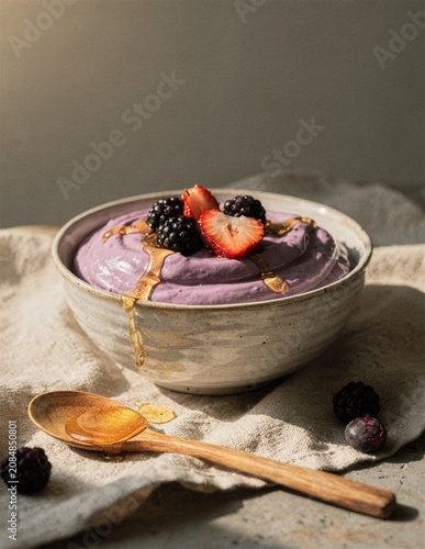 Blueberry smoothie bowl with berries and granola on linen cloth