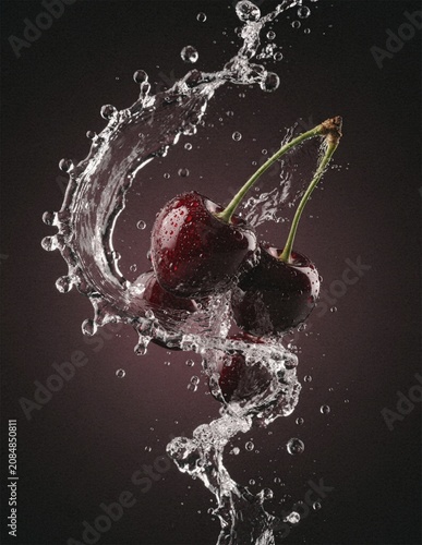 Dark cherries with dramatic water splash on black background