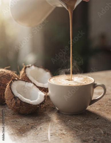 Coconut milk coffee being poured into cup with fresh coconut pieces