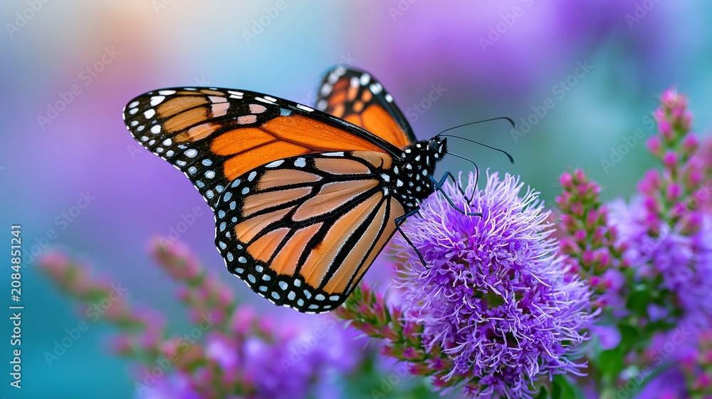 Obraz premium Monarch butterfly rests on a purple flower in a nature setting during daylight hours