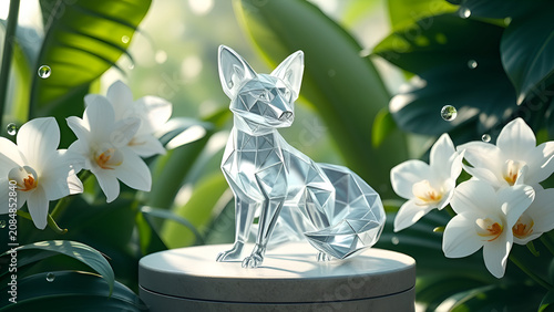 Glass geometric fox statue on stone pedestal with white orchids and tropical jungle background