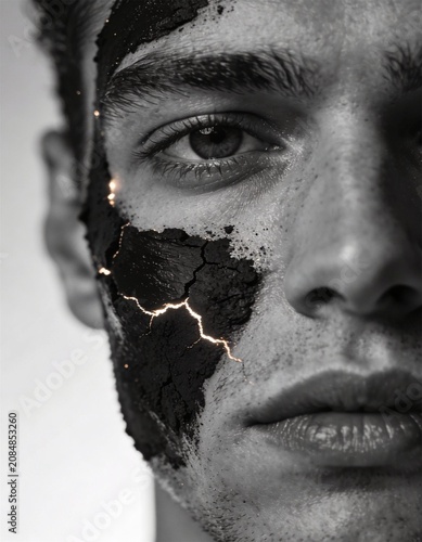 Male face with black charcoal facial mask texture in dramatic beauty portrait